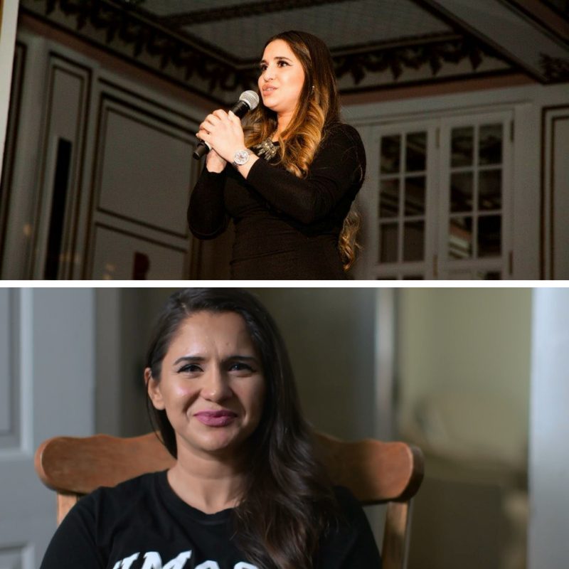 Woman speaking and sitting in a chair collage